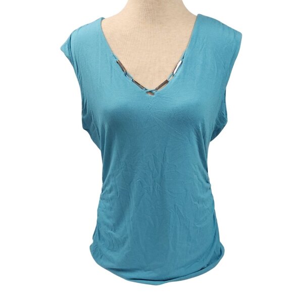 White House Black Market Sleeveless Blue Womens M Top V-Neck w/ Metal Trim - Picture 2 of 10